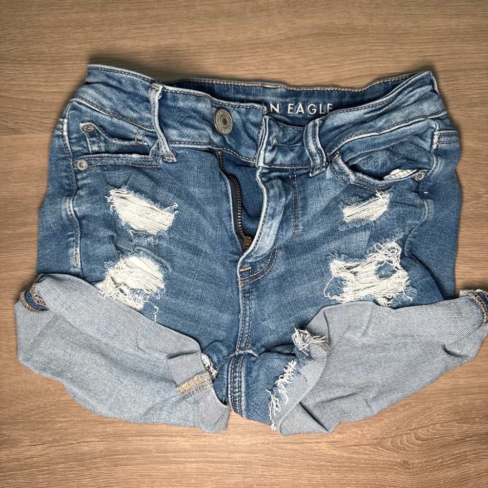 American Eagle Outfitters Women's Light Blue Distressed Shorts